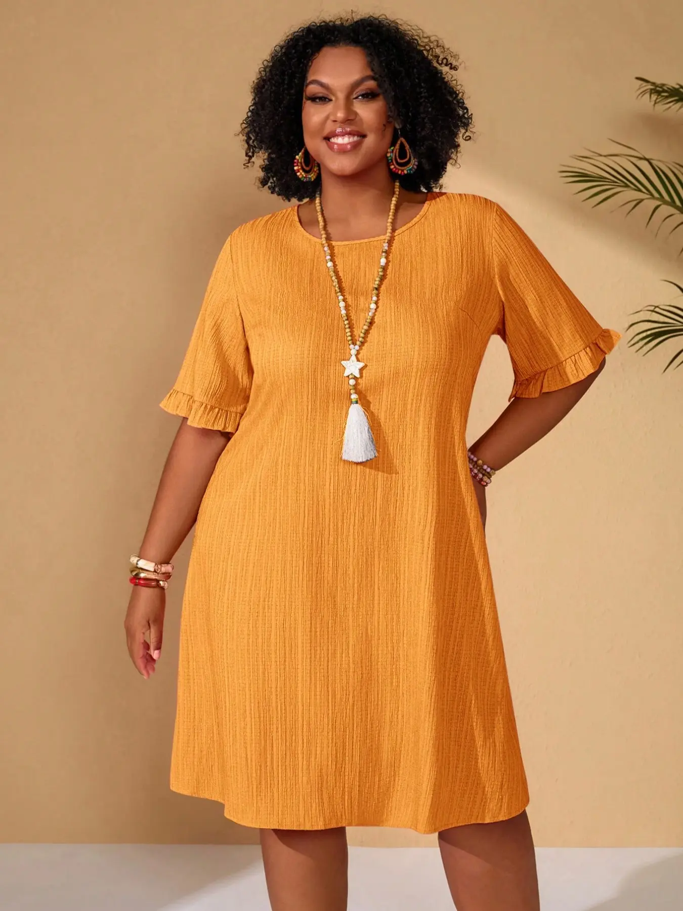 Plus Size Women's Round Neck Solid Everyday Dress, Textured Vertical Stripe Ruffled Sleeve Loose Feminine Casual Skirt, Ideal for Daily Home and Outing Wear