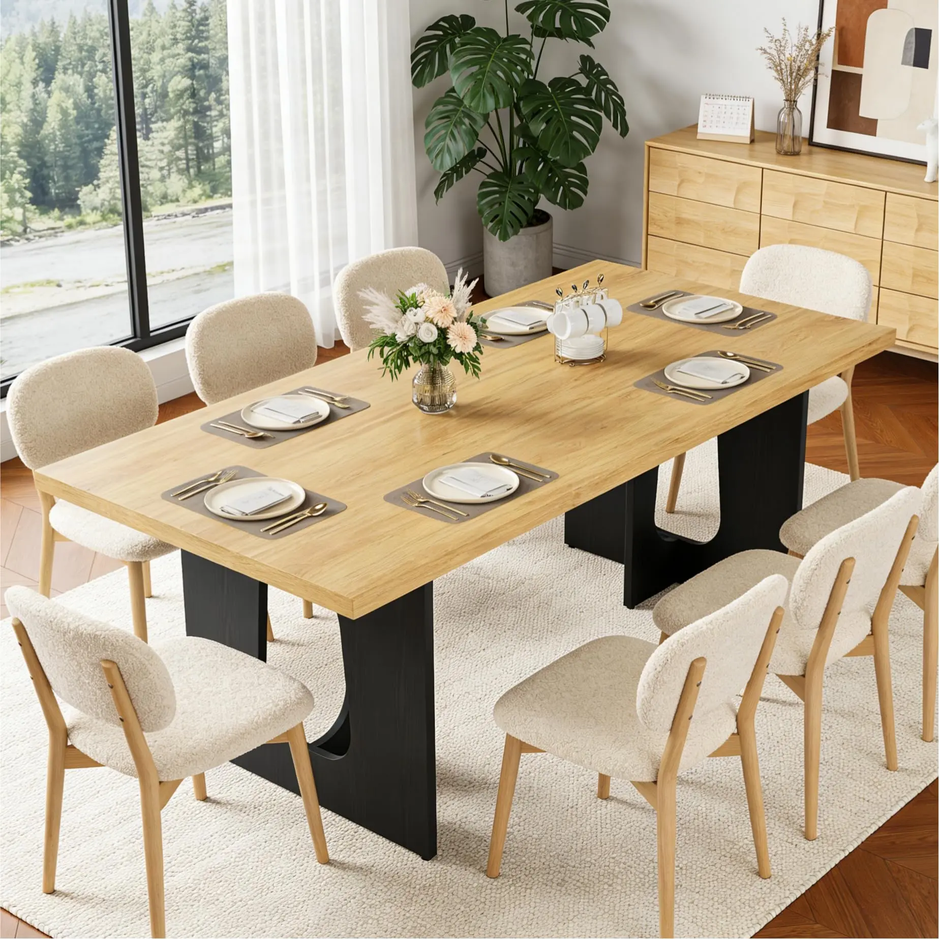 71 Inch Modern Farmhouse Rectangular Dining Table Seats 6-8 People, Extra Thick Walnut Wood Tabletop with Heavy-Duty Black Metal Pedestal Base, Large Family Dining Furniture, Kitchen Dining Table, Modern Dining Set