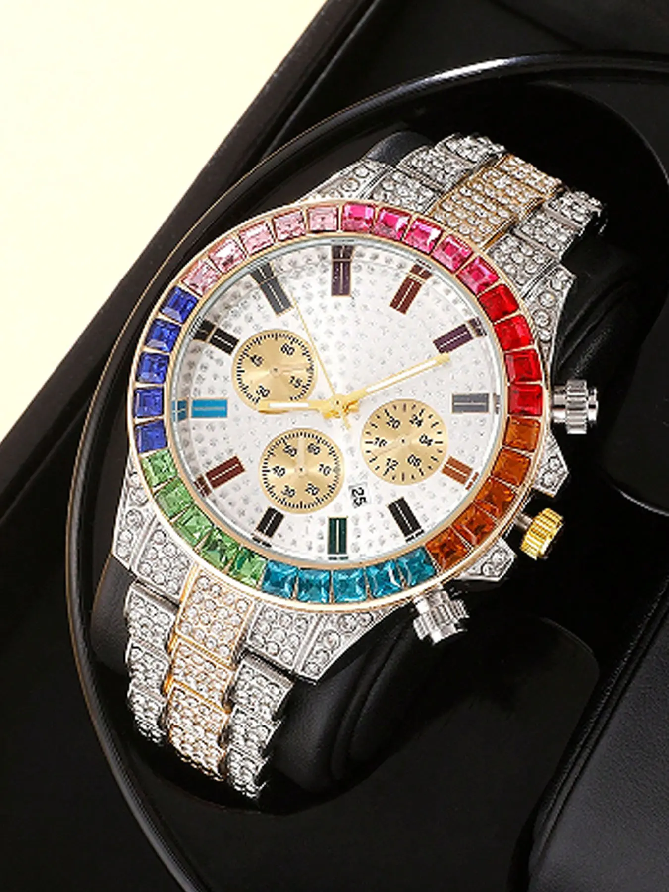 Men's Fashion Colorful Rhinestone Decorated Analog Quartz Watch, Fashion Watch for Party, Daily Clothing Decor, Trendy All-match & Exquisite Watch for Birthday Gift