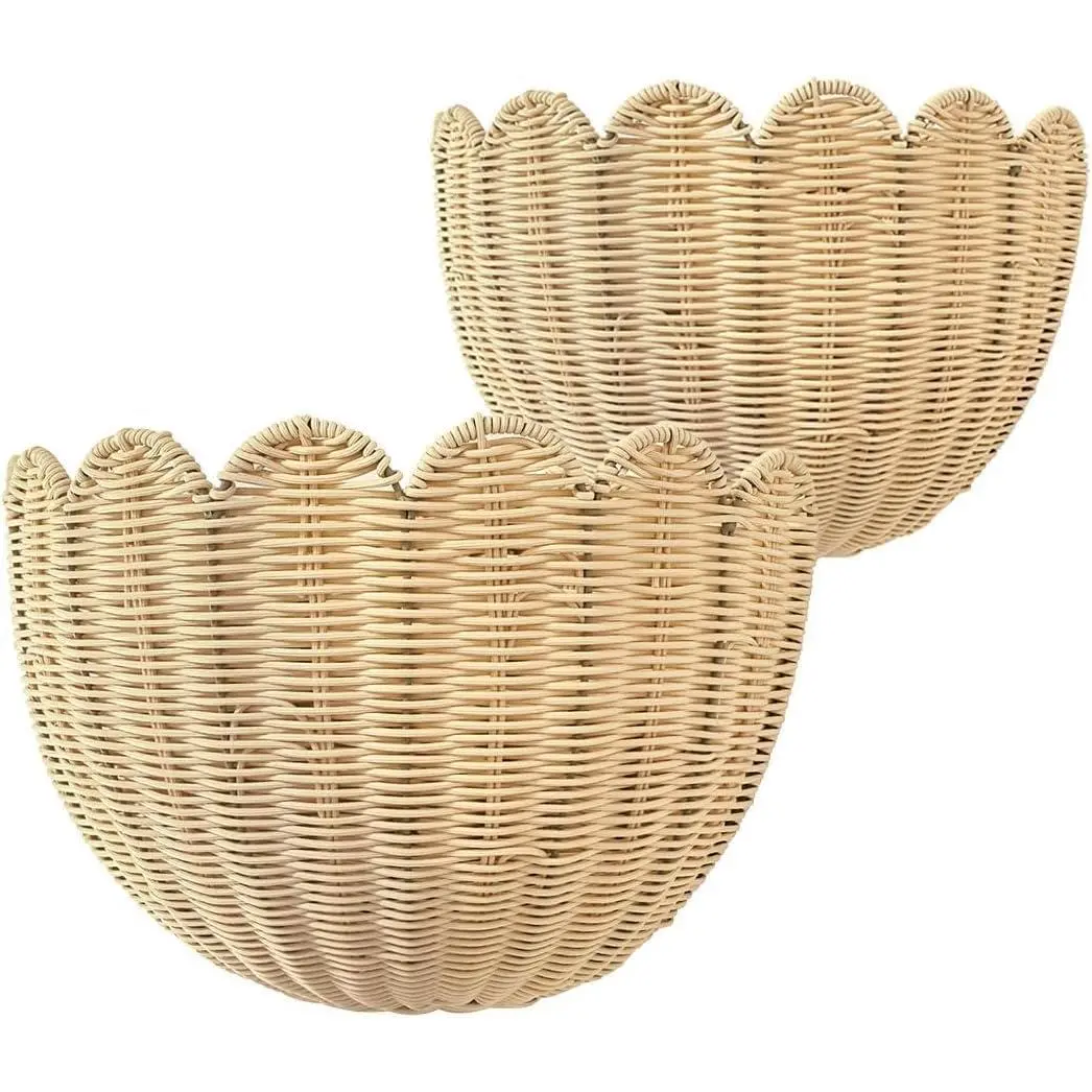 2-Piece Bohemian Scalloped Edge Hanging PP Rattan Baskets for Wall, Nursery & Home Decor, Flower Storage for Front Door & Bathroom