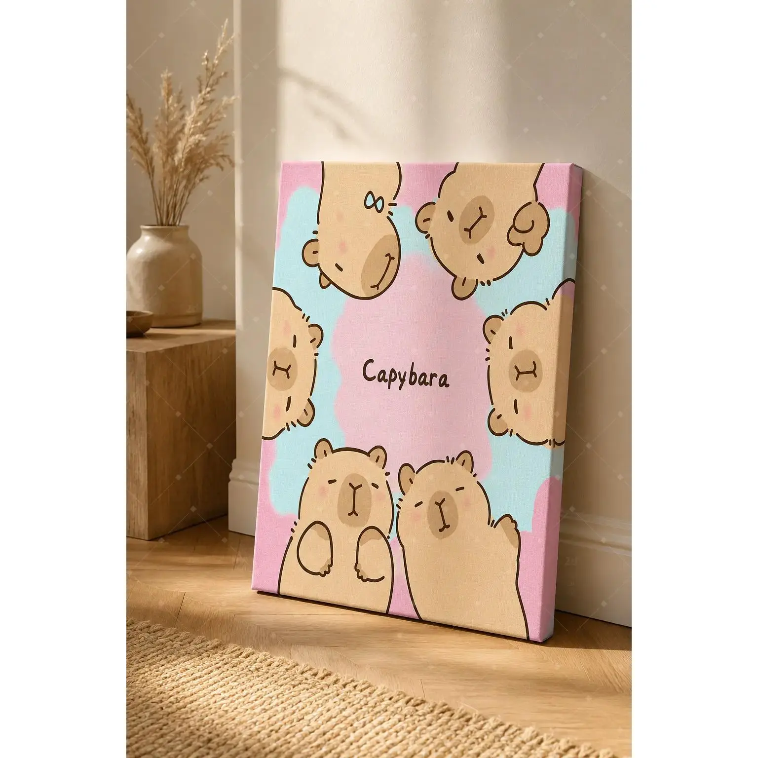 Trendy Decor Poster Print, Pastel Pink Blue Cute Cartoon Capybara Canvas Wall Art, Soft Kawaii Animal Painting For Nursery Girl Bedroom Kids Room Coffee Shop Dorm Apartment Wall Decor, Available as Unframed Canvas Poster or Framed Canvas Wrap
