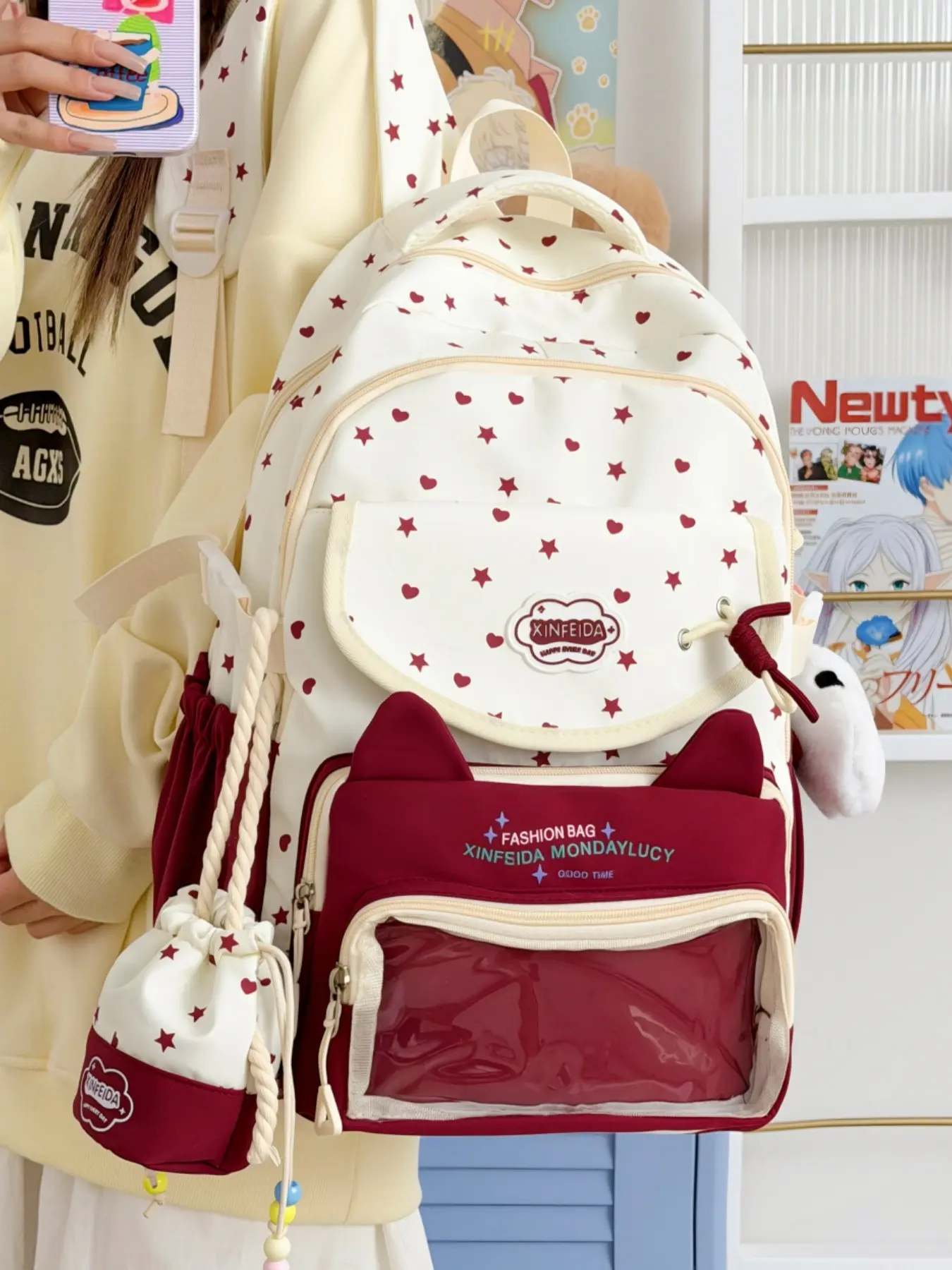 2026 New Soft Cat Ear Star Heart Print Student Backpack, Large Capacity Transparent Layer, Matching Small Bag, All Seasons