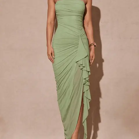 Sexy Elegant Halter Sleeveless Dress for Women, Summer New Arrival, Tight-Fitting Split Hem Ruffle Backless Long Dress, Trendy Fashion