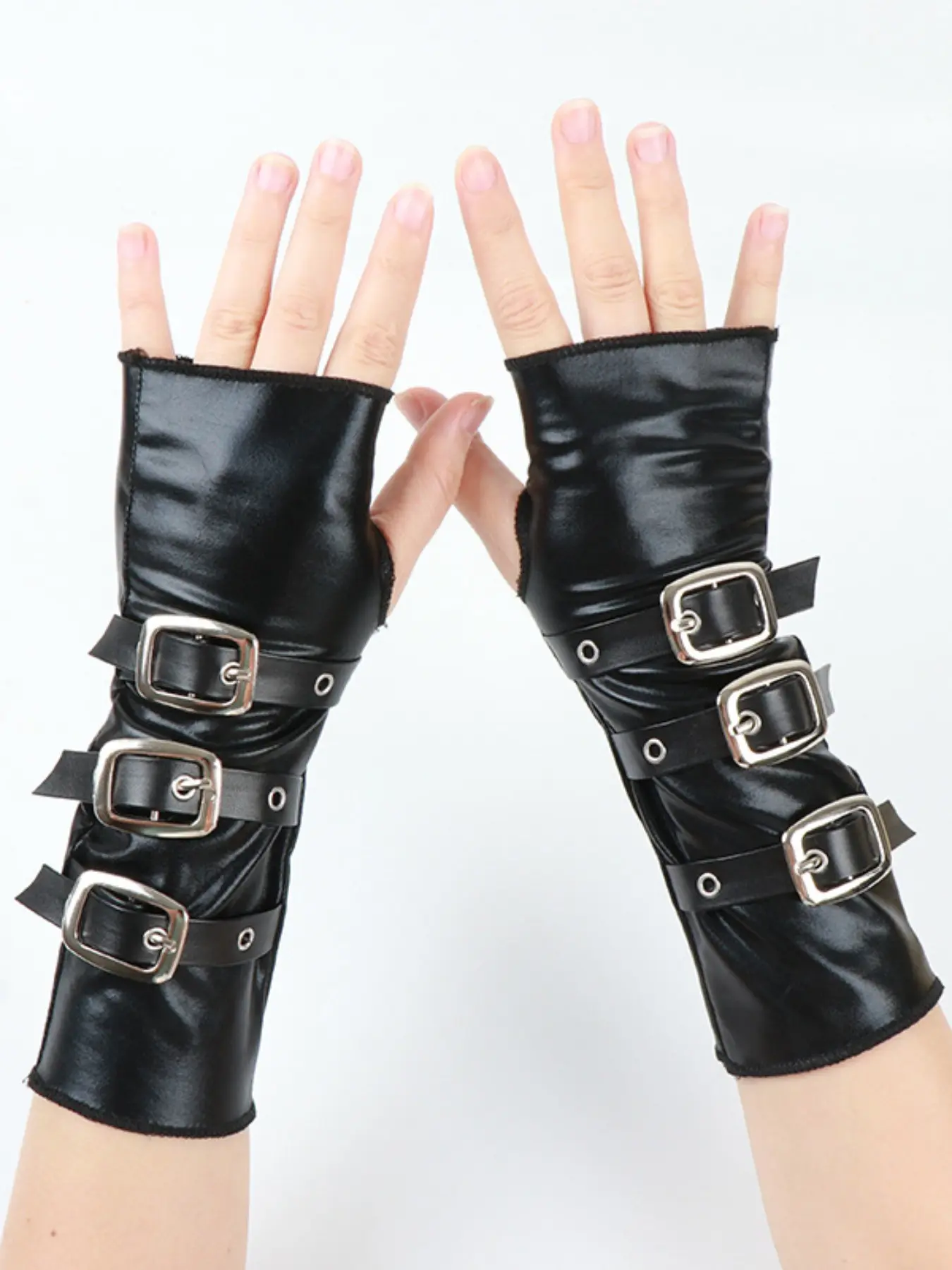 New Metal Buckle Cuff Gloves, Rivet Punk Style Stage Wear Accessories, Slim-Fitting Plain Design for All Seasons
