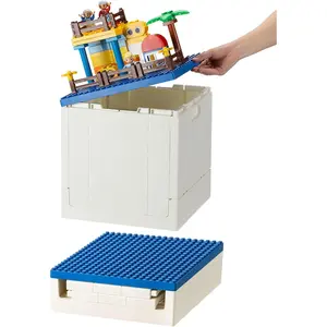 Folding Storage Box with Building Lid for Duplo Blocks, 26 Qt. Foldable Toy Container, 25L Collapsible Storage Bin with Building Baseplate for Lego Bricks, Blue