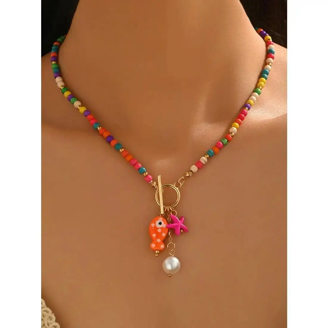 Women's Summer Charm Necklace with Ceramic Fish & Starfish Pendants, Beaded Pearl Tassel Jewelry for Party Wear, Playful Charm, Tassel Finish
