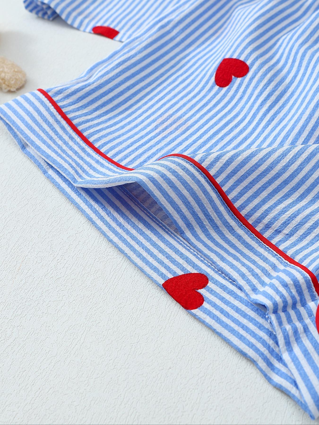 Valentine's Day Spring Summer Romantic Blue Striped Heart Elegant Short Sleeve Shorts Pajama Set for Women, Cute Fitted Homewear Loungewear Nightwear