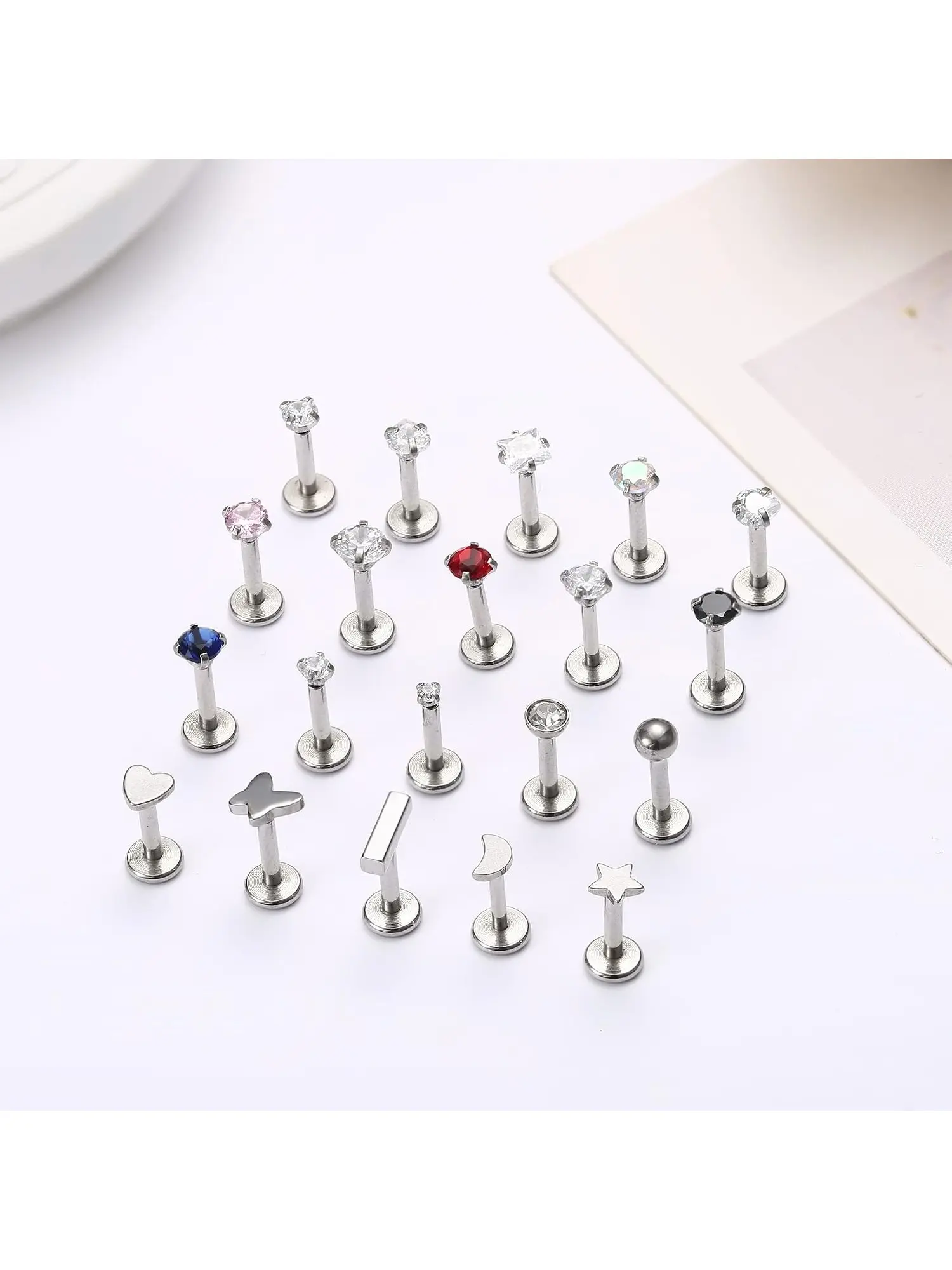 20Pcs Unisex 16G Stainless Steel Threadless Labret Piercing Set, 6mm Bar CZ Lip Monroe Nose Helix Tragus Cartilage Stud Jewelry For Women Men