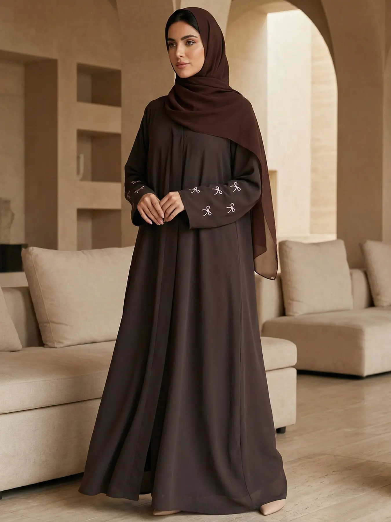 Hafizah Butterfly Knot Embroidered Long Cardigan Scarf Set, Loose-Fitting Outerwear for All Seasons, Casual Women's Fashion