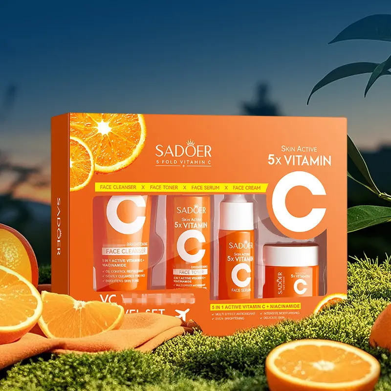 SADOER 4PCS Vitamin C Travel Skincare Set - Cleanser, Toner, Niacinamide Serum, Face Cream for Daily Glow
