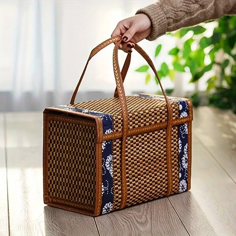 Fashionable Vintage Bamboo Basket, Storage Basket with Lid, Retro Lace Design, Stackable and Foldable, Multi-Functional Gift Box, Large Capacity Home Organizer