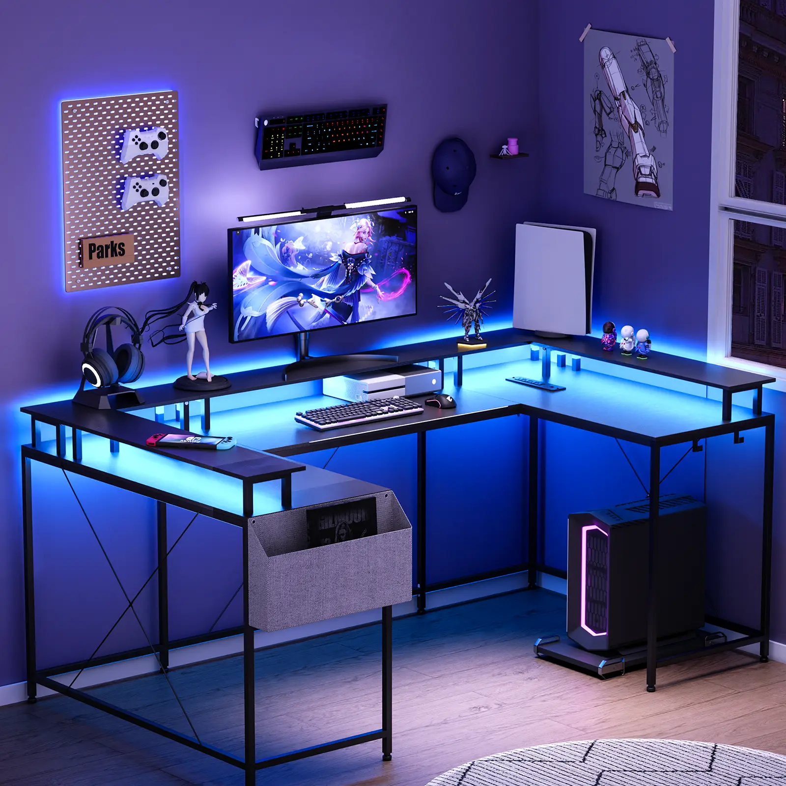 RGB LED Gaming Desk with Built-in Power Outlets, Reversible U-Shaped Dual Person Corner Workstation, Equipped with Monitor Stand & Storage Shelves for Home Office Gaming - summergarden