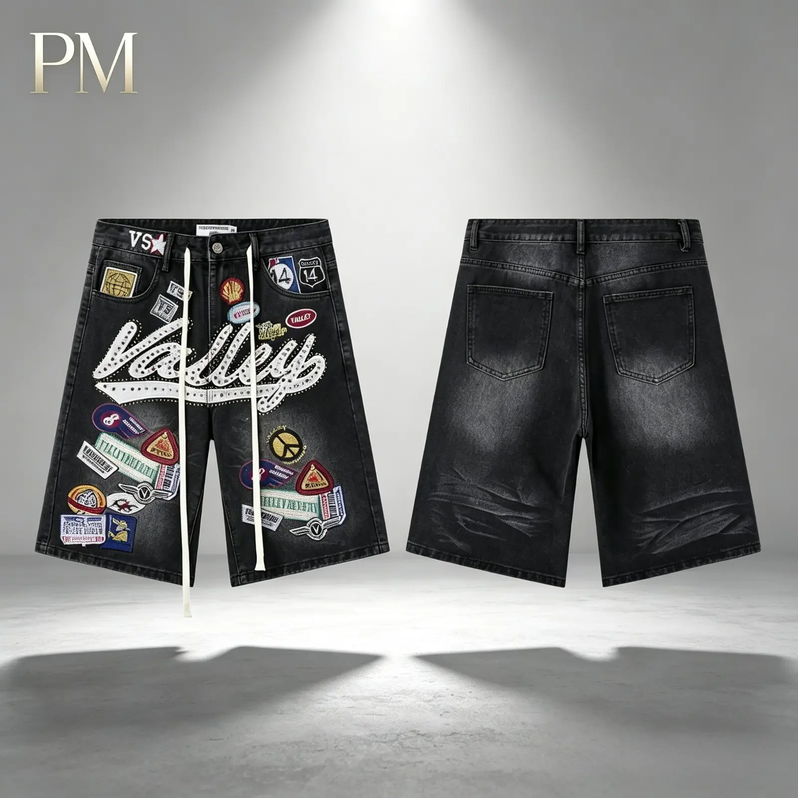 Vale Forever Men’s Patchwork Studded Denim Cargo Shorts Vintage Washed Black Loose Fit Oversized Y2K Hip Hop Streetwear Baggy Jorts Bermuda Summer Shorts Multi Pocket Casual Skateboard Festival Outfit Trendy Graphic Bottoms Holiday Gift