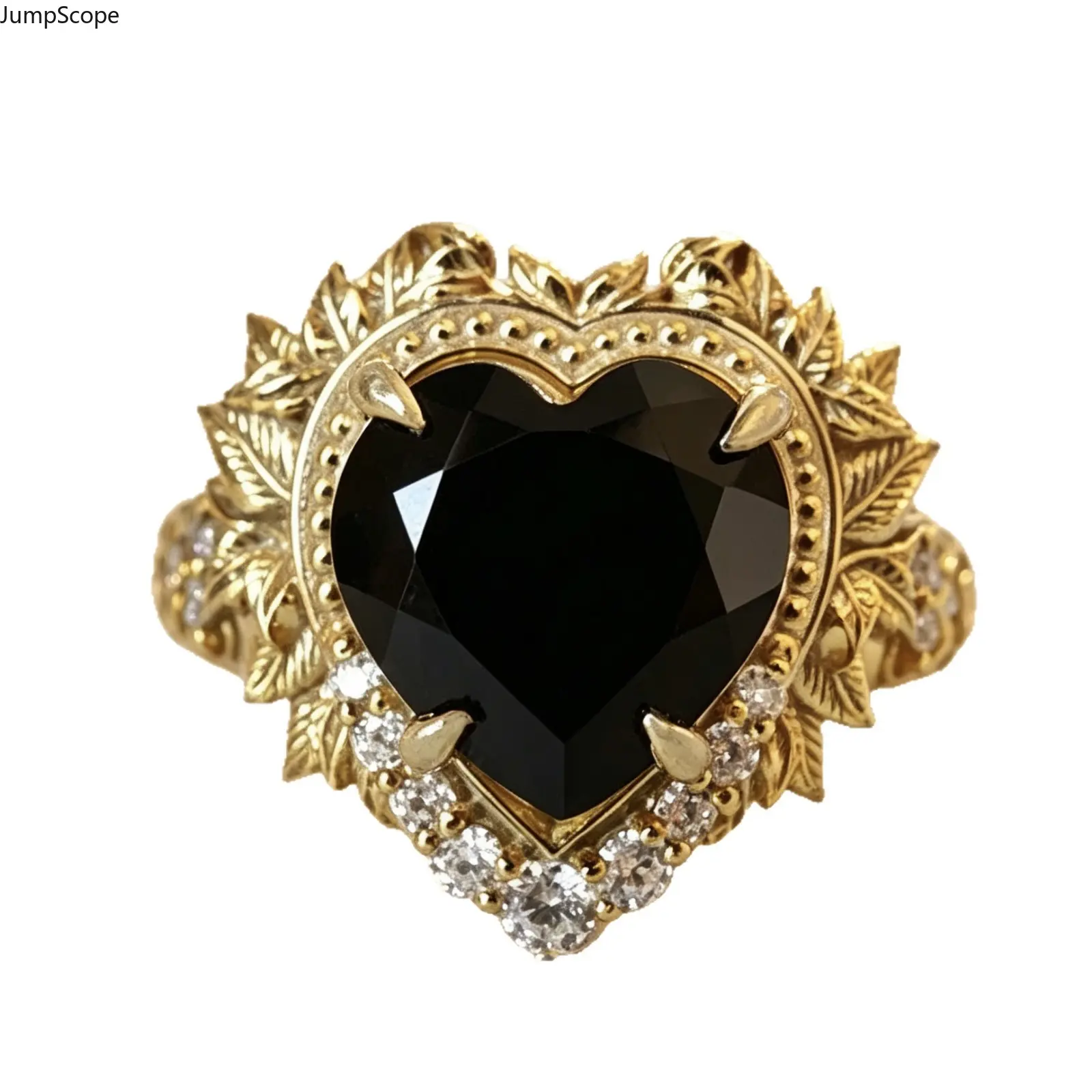 Women's Vintage Gold Leaf Filigree Detail Heart Shape Black Onyx CZ Accents Ring - Gothic Punk Dark Luxury Party Wear Statement Band, European Valentine Gift