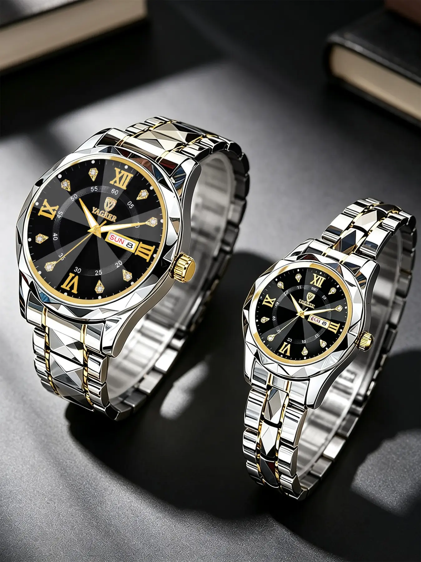 Couple Watch Set, Stainless Steel, Dual Calendar, Rhinestone Buckle, Casual Style, Quartz Movement, All Seasons, Perfect Gift, Casual Analog Watch