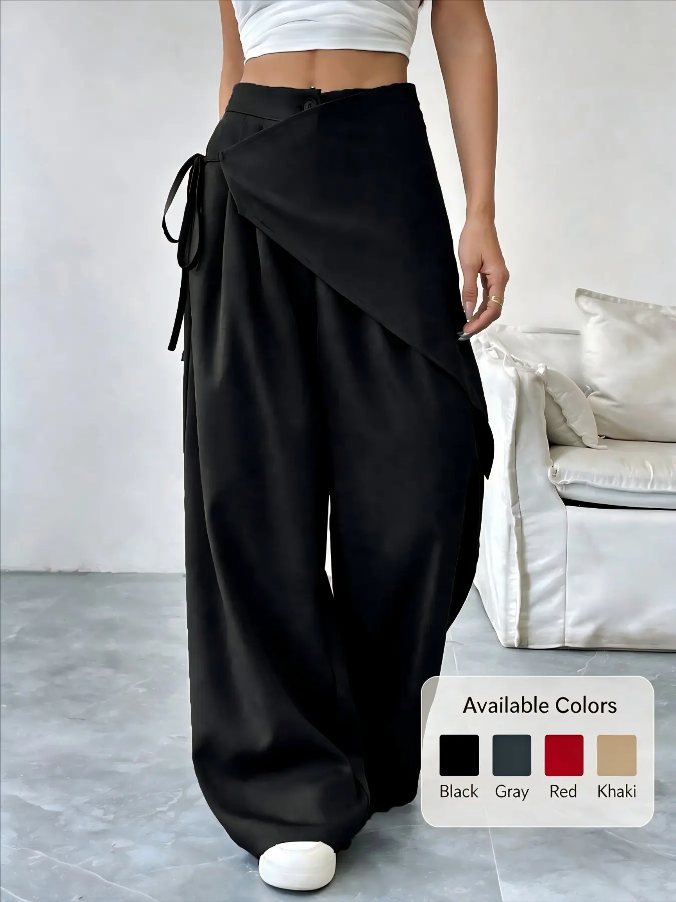 High-Waisted Cross-Over Pleated Wide Leg Pants, Drawstring Adjustable Asymmetrical Skirt Style Casual Suit Long Pants, All Seasons Solid Pattern