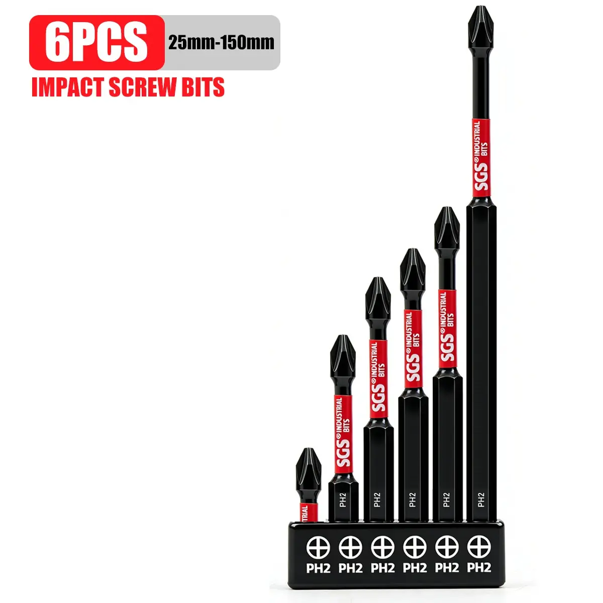 6pcs 25-150mm PH2 S2 Steel Phillips Impact Bits, Anti-slip Rustproof, Fit Impact Drivers, with Storage Holder