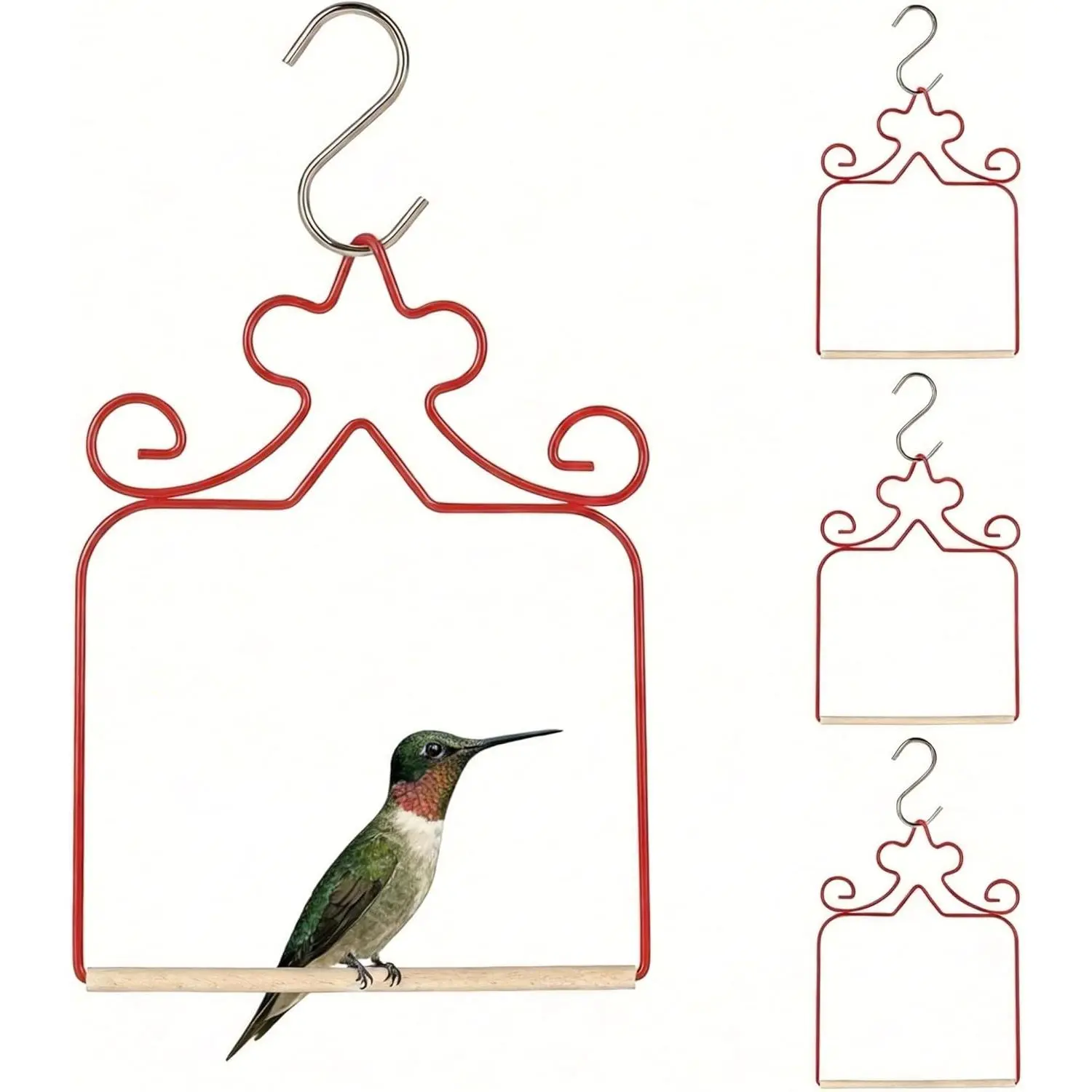 Metal Hummingbird Swings Red |   Rust-Proof Perches with Wooden Dowel, Essential Bird Watching Decor for Outdoor Garden, Patio, Yard - Includes 4 S-Hooks
