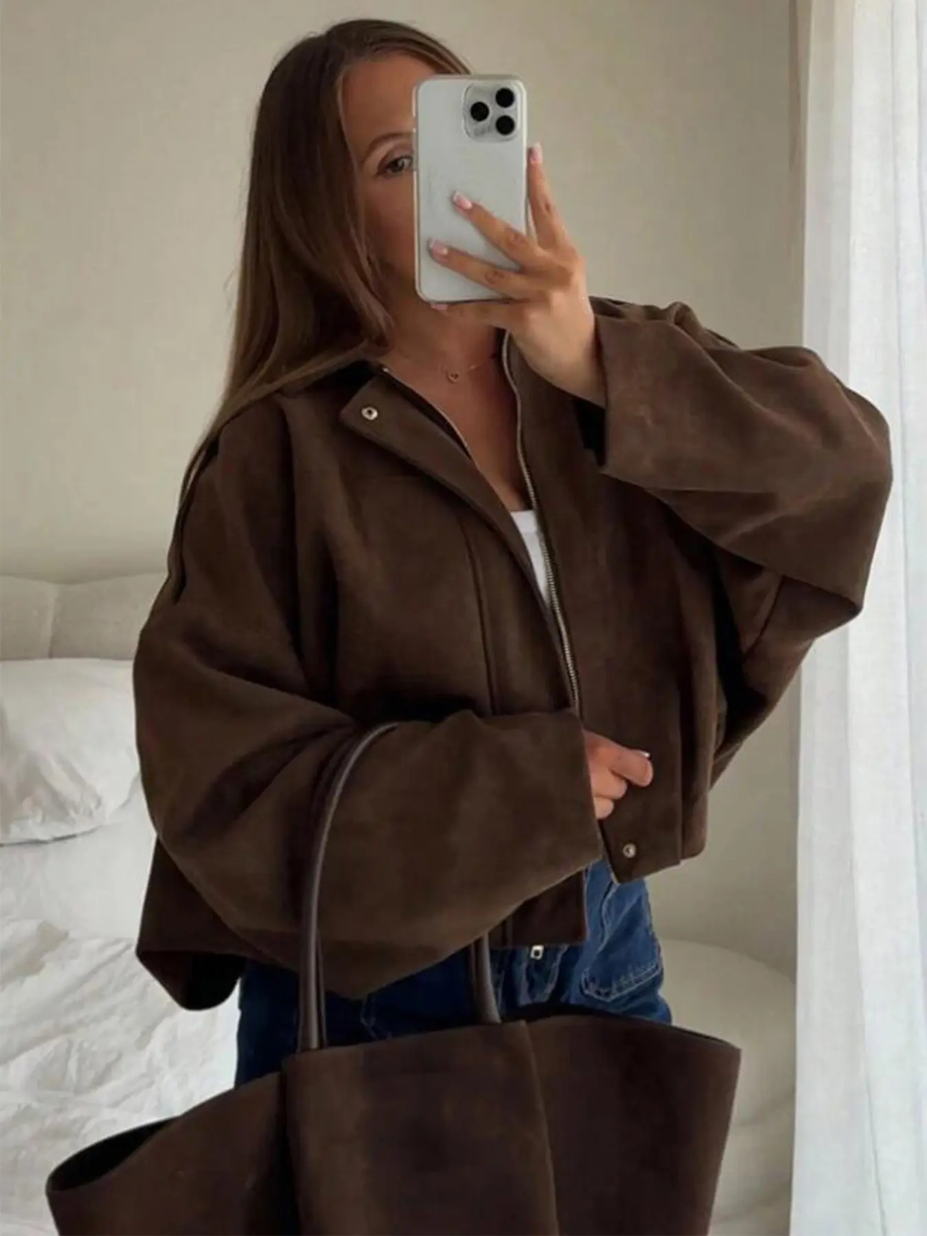 Women's Bomber Jacket Fashion Turn-down Collar Long Sleeve Loose Suede Jackets For Women Autumn High Street Casual Coat