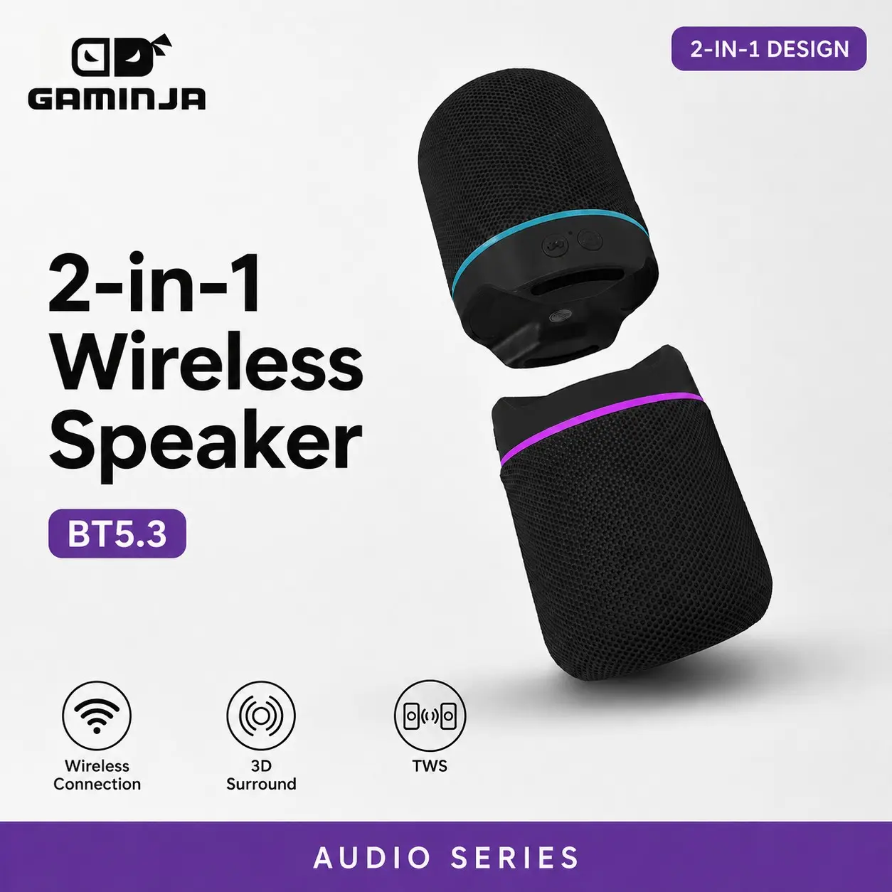 2-IN-1 Wireless Speaker Bluetooth, Multifunctional wireless speaker, Twist and Split to 2 Speaker, FM Radio, Magnetic audio system, For Home/Outdoor/Beach/Party, [Stromberg] [TWIN-2] Stereo Audio, Wireless Bt Speaker