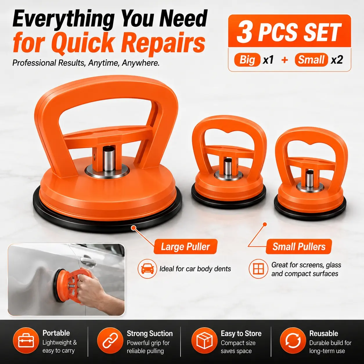 3 Pack Car Dent Puller, Suction Cup Dent Remover Tool, Portable, Compact Suction Cups for Glass Vehicle Body Repair Kit Handle Lifter for Car Body, Doors, Glass, Tiles & Smooth Surfaces, Dent Remover Tool for Daily Use