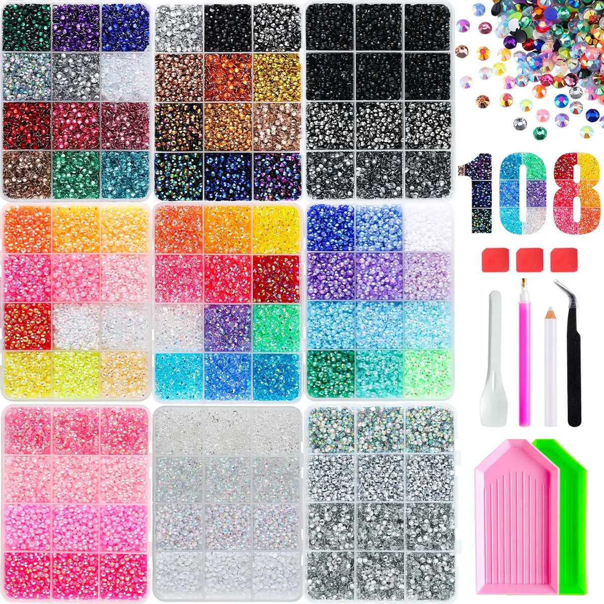 1Set 77000PCS 3mm Hot Sale AB Jelly Colored Bedazzling Nail Rhinestones Kit, Nail Gems,108 Colors Shinny Semi-circular Flatback Resin Nail Diamond Jewelry DIY Headphones Phone Cases Cups Books Nail Art Crafts