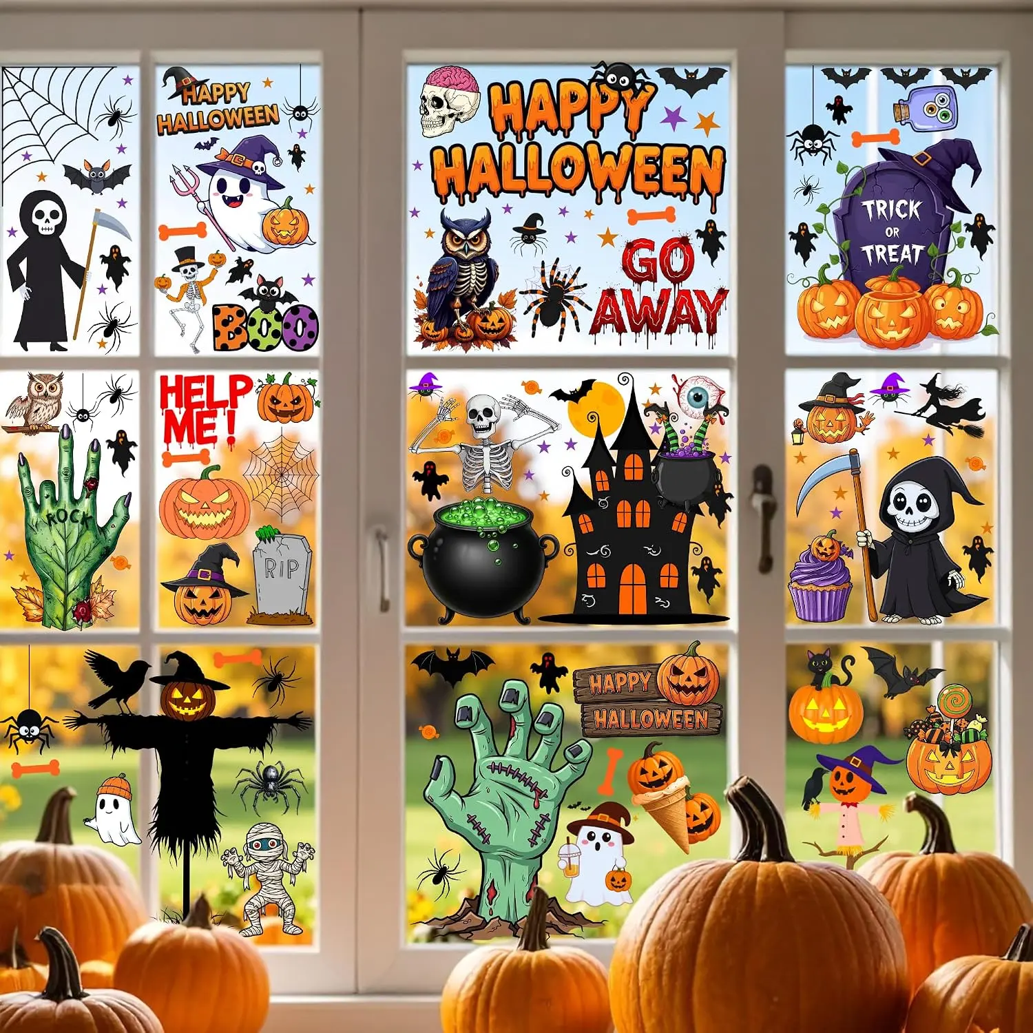 Halloween Window Cling Stickers | Halloween Decorations Party Decorations Indoor Outdoor Décor Accessories Party Favors Supplies Craft  Idea For  Adult Pumpkin Skull Skeleton Spider - 8 Sheets