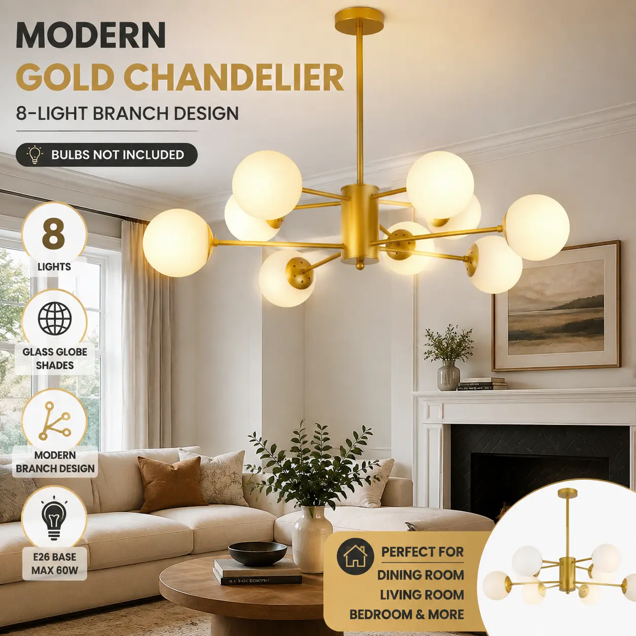 35" Modern Gold Chandelier, 8-Light Glass Globe Ceiling Light Fixture, Mid Century Branch Design Pendant Lamp for Dining Room, Living Room & Bedroom, Bulbs Not Included Vintage Minimalist Fabric Ceiling Chandelier Coastal Shell Chandelier room hallway