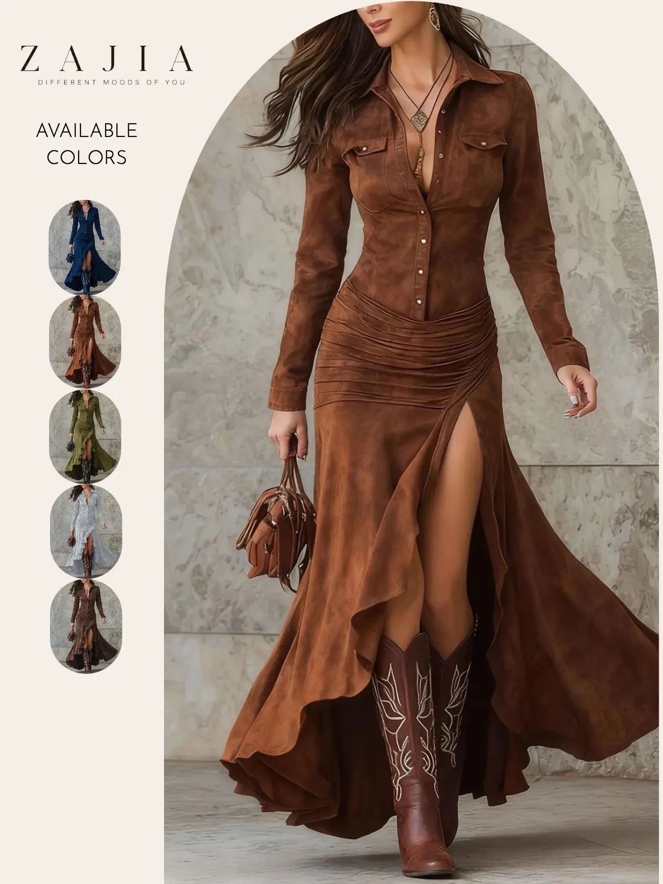 Women's Western Long Sleeve Maxi Dress, Button Front Shirt Dress, High Slit Ruched Fit Bodycon, Vintage Cowboy Cowgirl, Country Concert Dress
