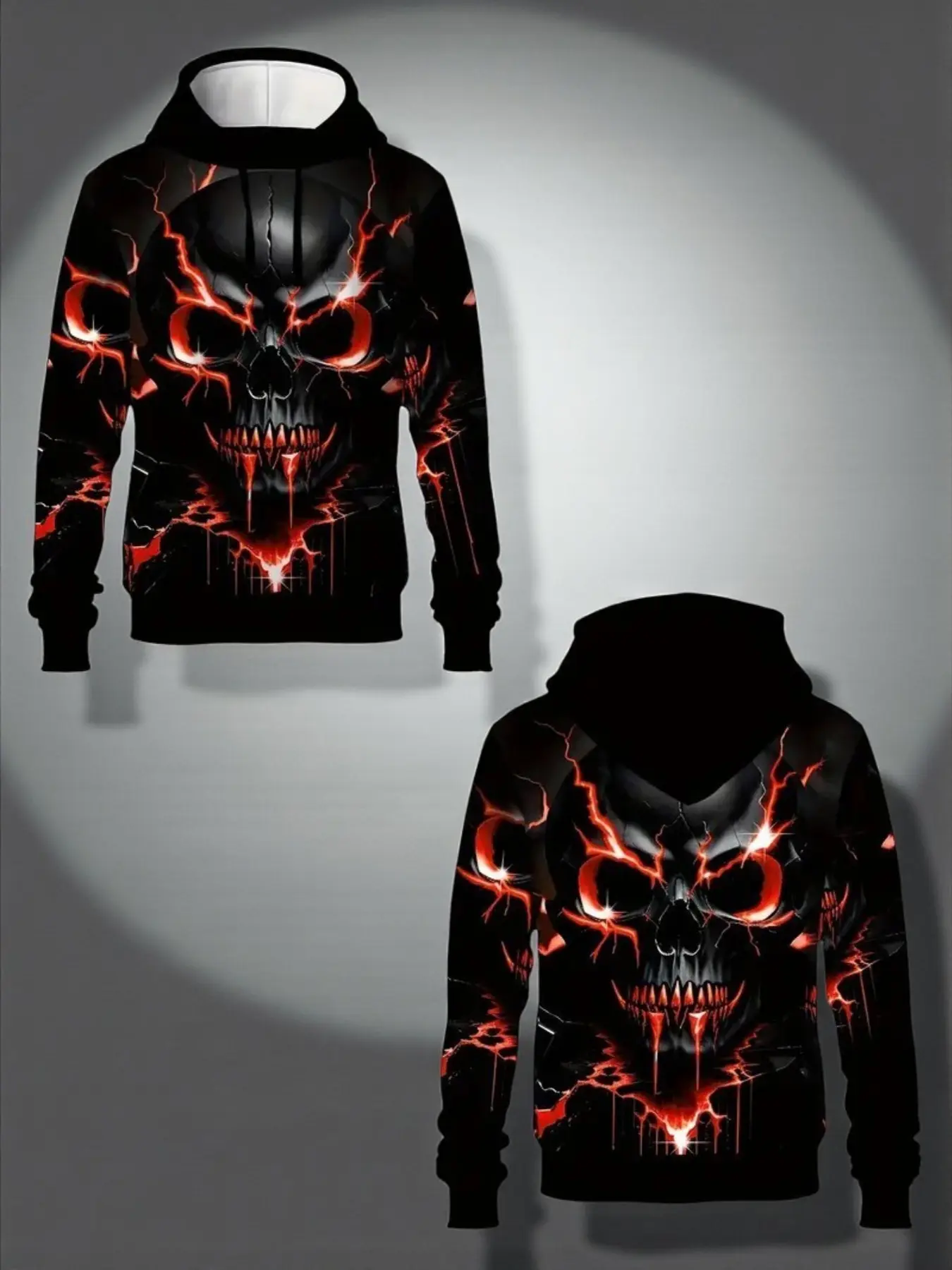 Red Flame Skull Lightning 3D Printed Hoodie, Dark Trendy Pullover Top for Men