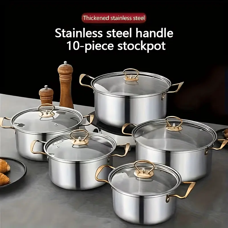5-Piece stainless steel pot sets with 5 pots and 5 lids, with gold handles. Suitable for induction cookers and outdoor camping, can be washed in the dishwasher, ideal for healthy cooking