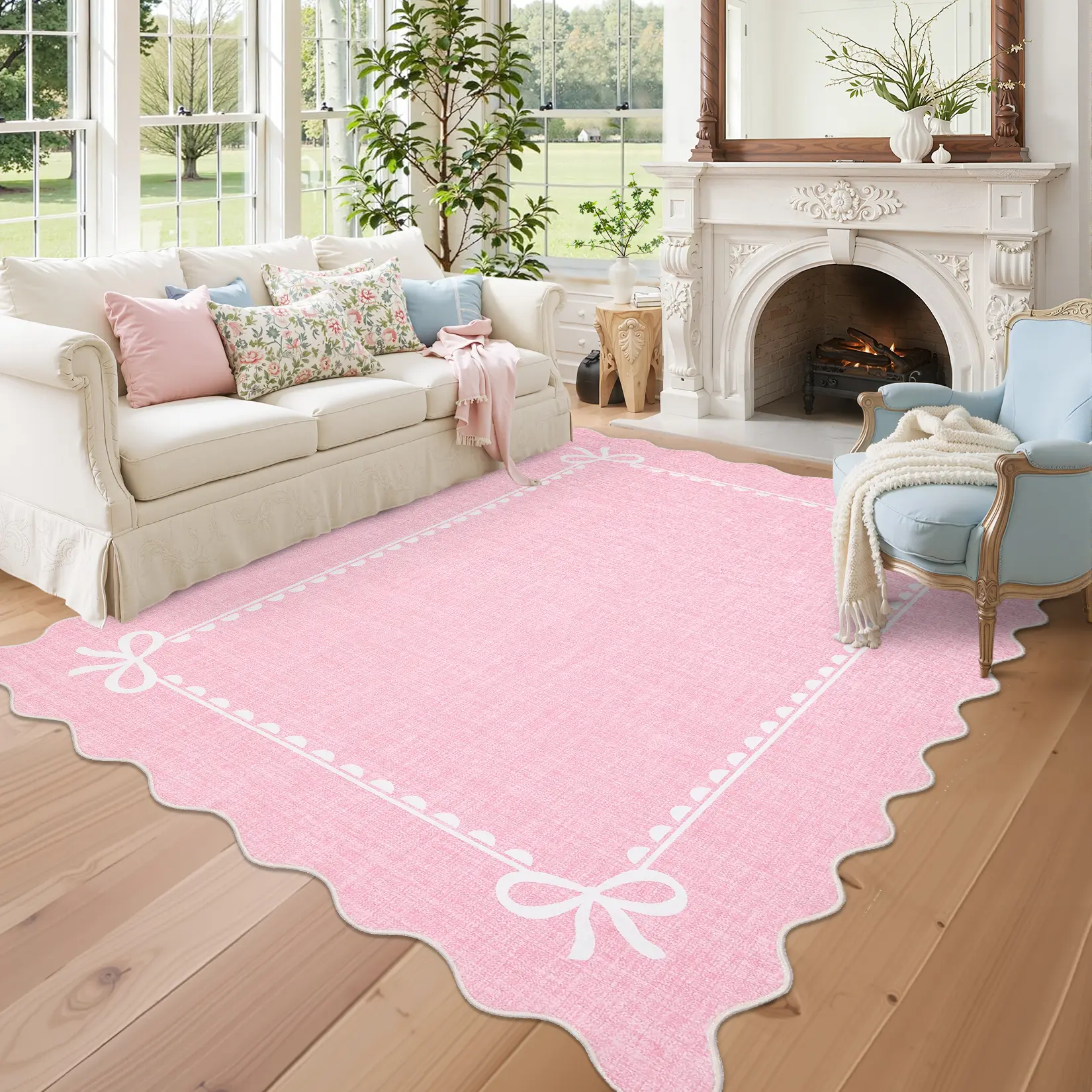 Cute Scalloped Bow Border Minimalist Low Pile Area Rug, Thin Washable Non Slip Soft Pet Friendly Floor Mat, Durable Indoor Floor Cover Decor Carpet for Bedroom Nursery Kitchen Farmhouse Apartment Hallway Office Non Slip Runner