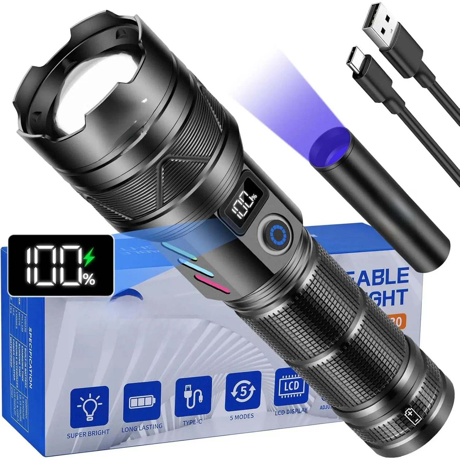 Rechargeable Flashlights 100000 High Lumens, Long Range 5000ft, Super Bright LED Flashlight USB C, High Powerd Multi-functional Heavy Duty Strong Flash Light High Beam, For Emergency Home Camping