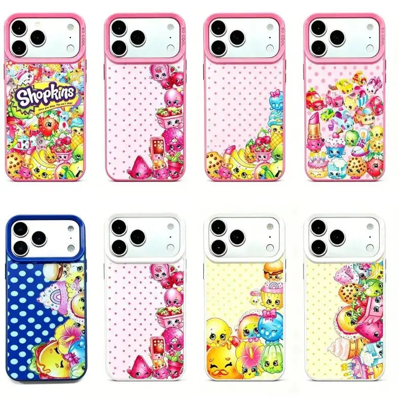 Shopkins cartoon print phone case, featuring a sleek Color Silver finish, compatible with iPhone 11-17 Pro Max/Plus.