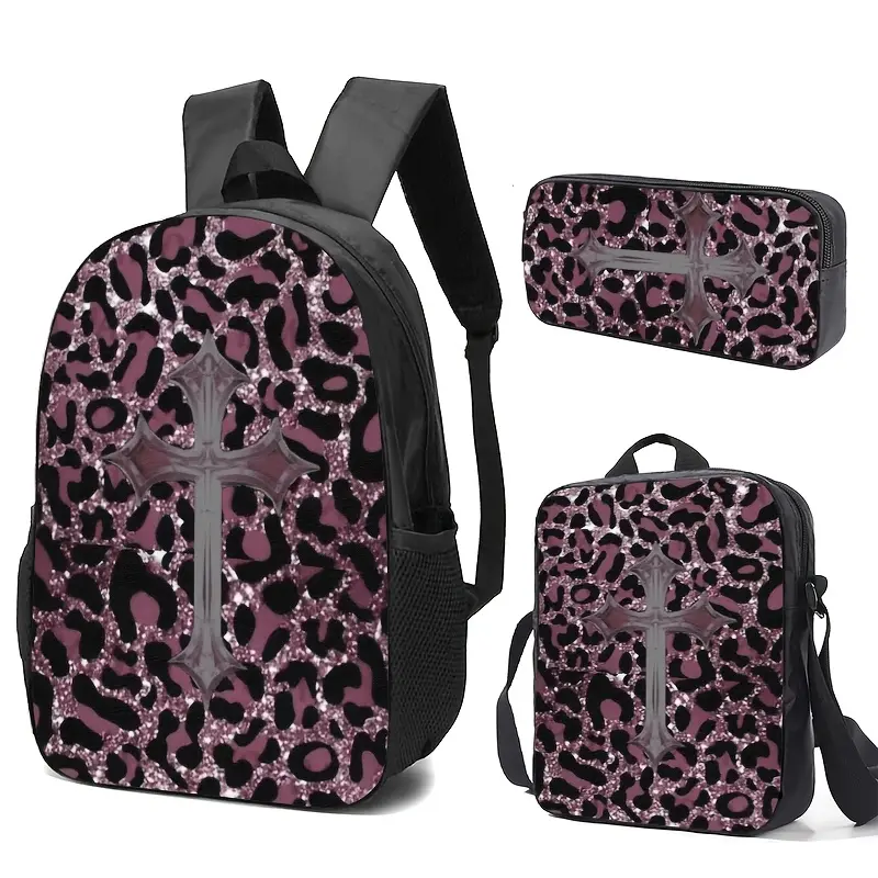 Leopard Print with Cross Motif Backpack, Pencil Case, and Lunch Bag Set; Durable High-definition Printing, Adjustable Black Straps, Spacious Capacity for Daily Commute or Travel, Suitable for Young Adults.