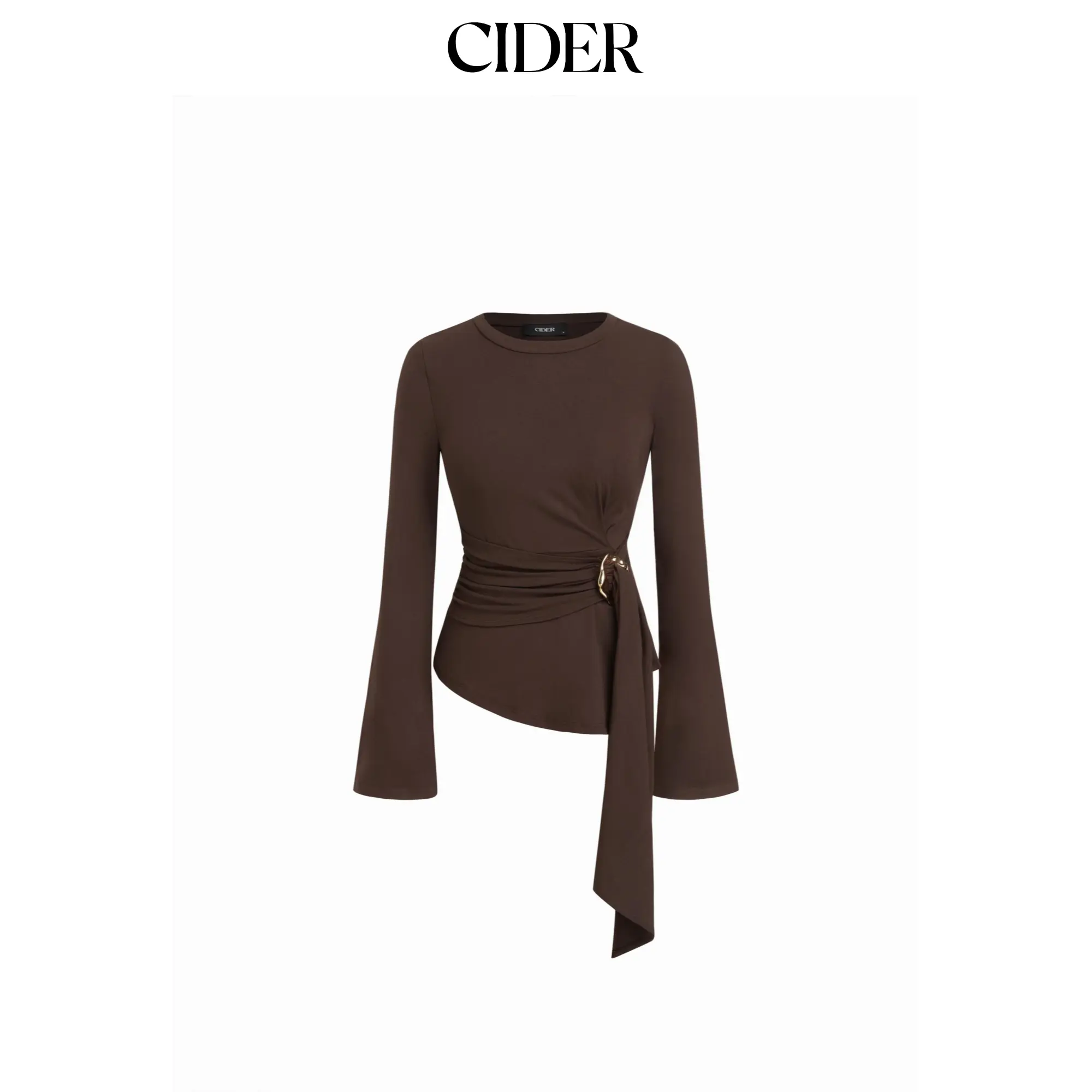 Cider Round Neckline Ruched Metal Detail Long Sleeve Tee
