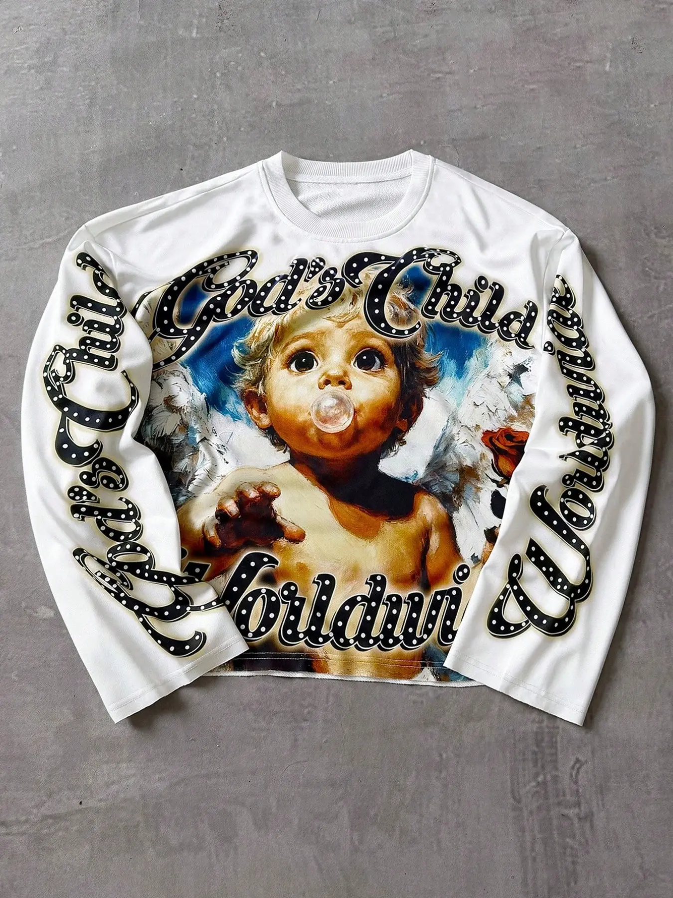 Y2K Vintage Hip Hop Cropped Long Sleeve Tee, Solid White Crew Neck Casual Crop Top With Angel Baby Bubblegum Portrait And Allover Sleeve Gothic Letter Print, Streetwear Shirt For Daily Retro Urban Fashion Matching