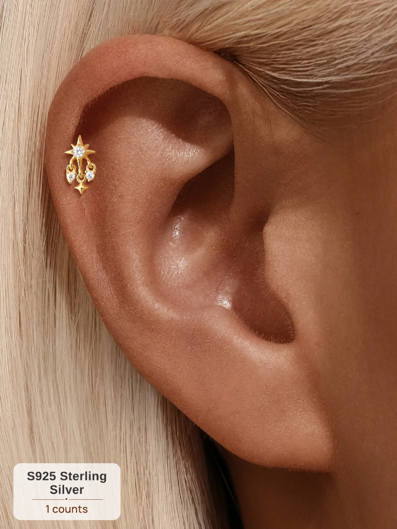 1PC 18K Gold Plated S925 Sterling Silver Tassel 8-Pointed Star Paved CZ 16G Threaded Flat Back Cartilage Earring, Hypoallergenic for Sensitive Ears Helix Conch Tragus Piercing Dainty Ear Stack Jewelry for Daily Wear Date Party Music Festival Gift for Her