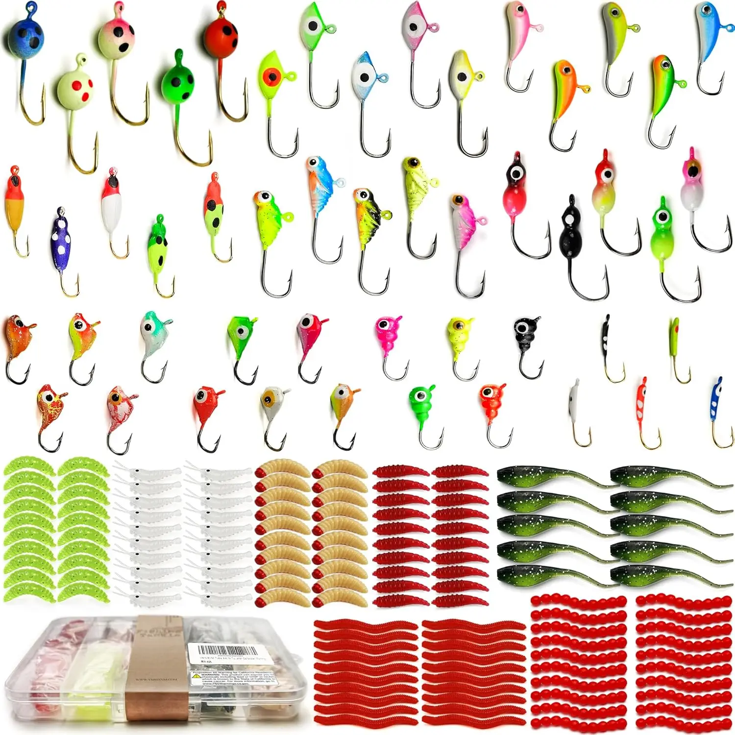 170-Piece Ice Fishing Lures Kit with Glow in The Dark Micro Jig Heads & Soft Plastic Worms, Tackle Set for Crappie, Walleye, Panfish, Fishing Soft Plastic