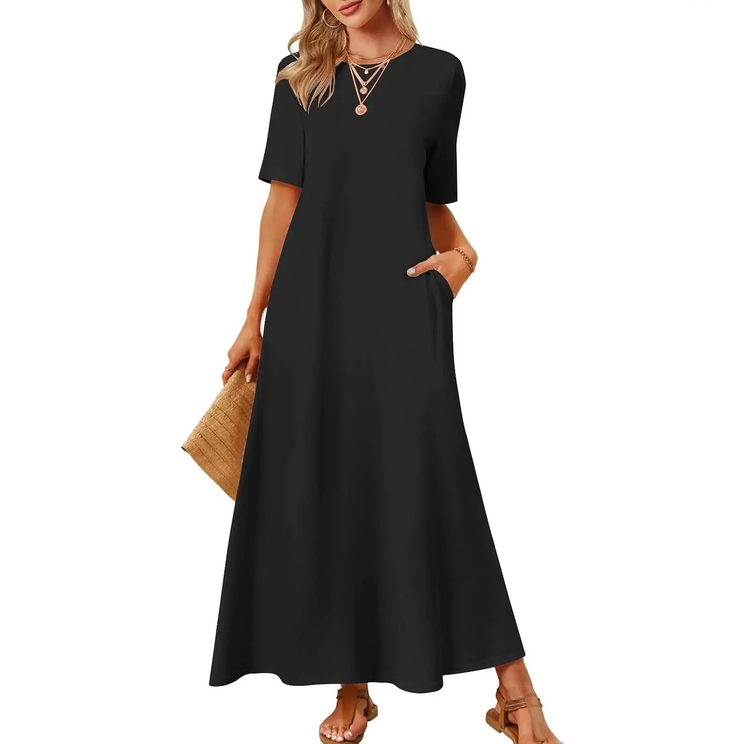 Summer Casual Maxi Dresses for Women 2026 Vacation Crew Neck Short Sleeve Modest Long T Shirt Dress with Pockets