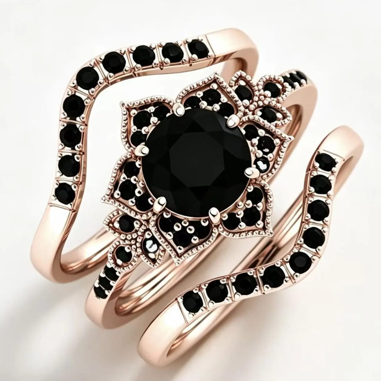 Female 3-Piece Retro Black Rose Gold European American Style Stackable Wedding Ring Set, Trendy Bridal Costume Jewelry, Wedding Ring Sets