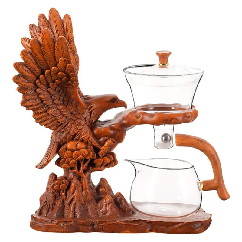 Eagle Sculpture Automatic Tea Set with Resin Decorative Base and Art Glass Teapot, Suitable for Tea Enthusiasts and Home Display
