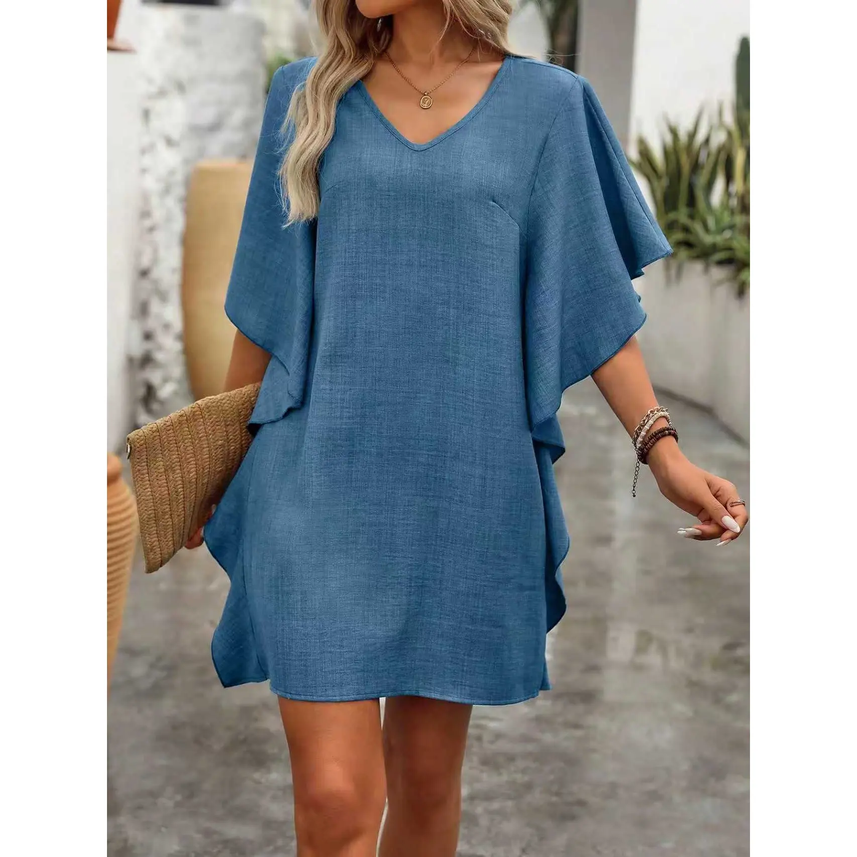 Women's Cute Casual V-Neck Flowy Flutter-Sleeve Polyester Fabric Ruffled Short Tunic Dress - Relaxed Fit, Lightweight, Textured Mini Shift for Summer Daily, Party Wear, Ruffles, Ruffle Detail
