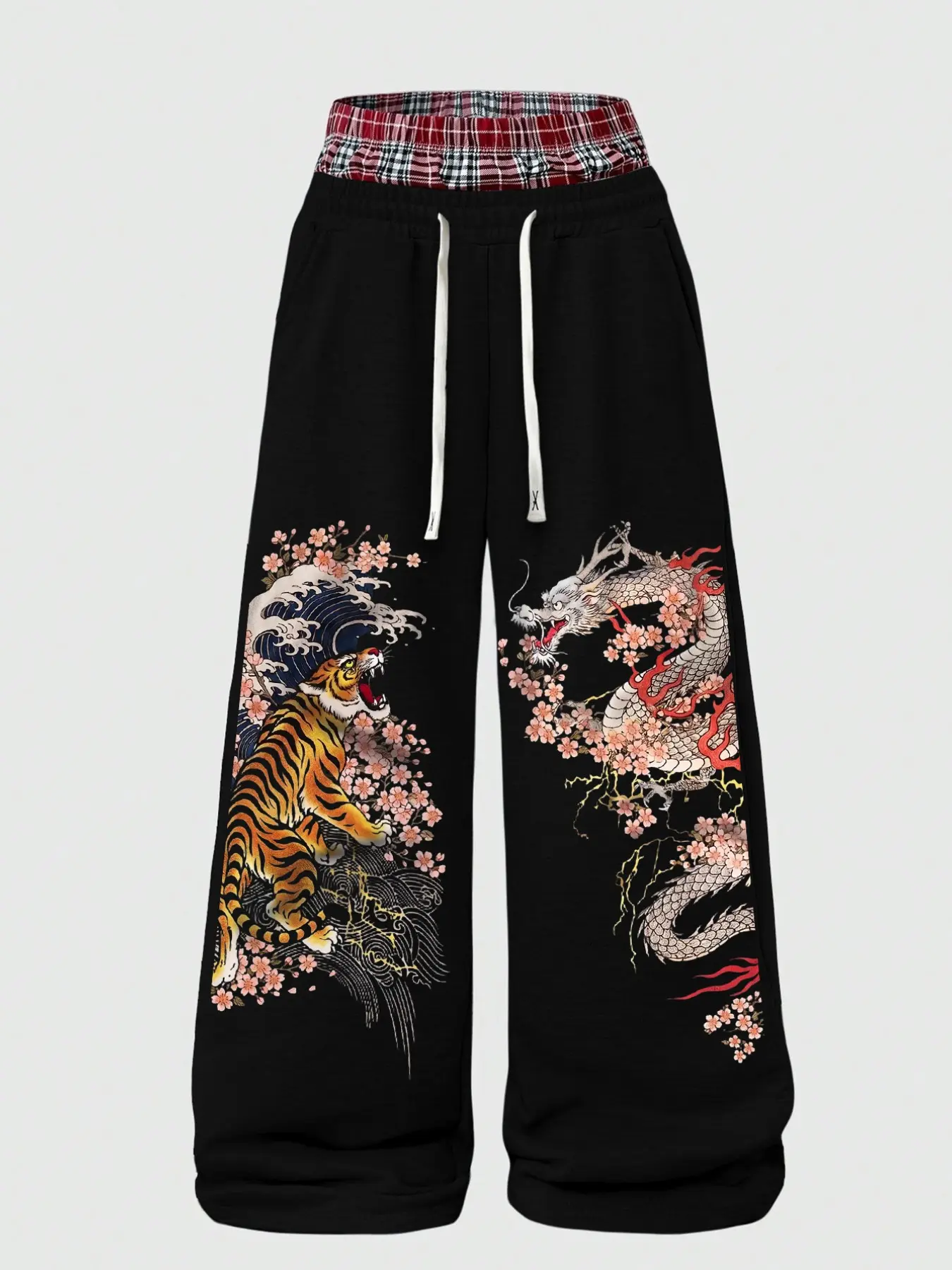 Men's Street Style Plaid Patchwork Sweatpants, Streetwear Heavy-Duty Chinese Tiger Pattern Wide Leg Pants, Casual Loose-Fit Long Pants for All Seasons, Menswear