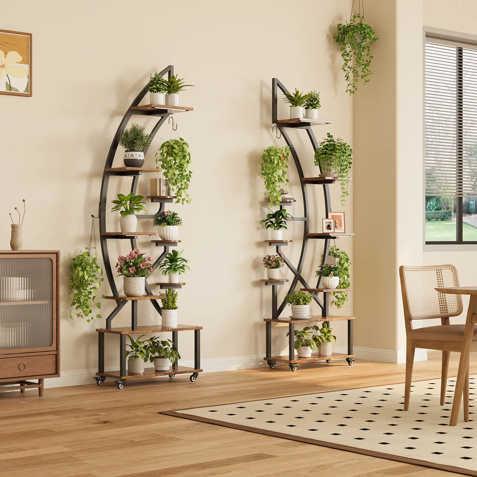 Curved Metal Plant Stand with Rolling Wheels, Multi-Tier Half Moon Flower Display Rack, Large Arc Plant Shelf for Indoor Living Room Patio Multiple Potted Plants Storage
