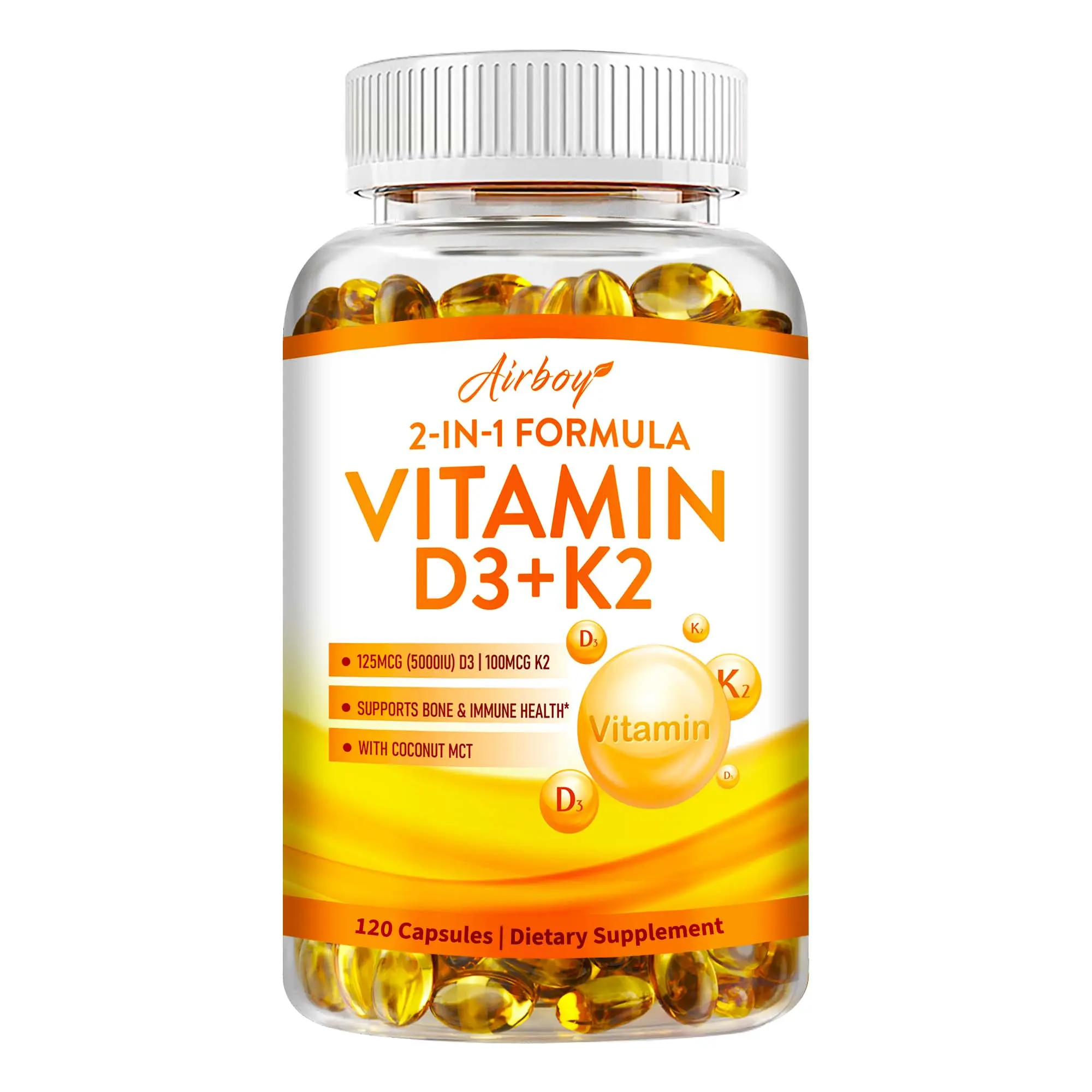 60/120 capsules of Airboy dietary supplements, a 2-in-1 formula using natural ingredients, fortified with coconut oil, supporting the supplementation of Vitamins D3 and K2.