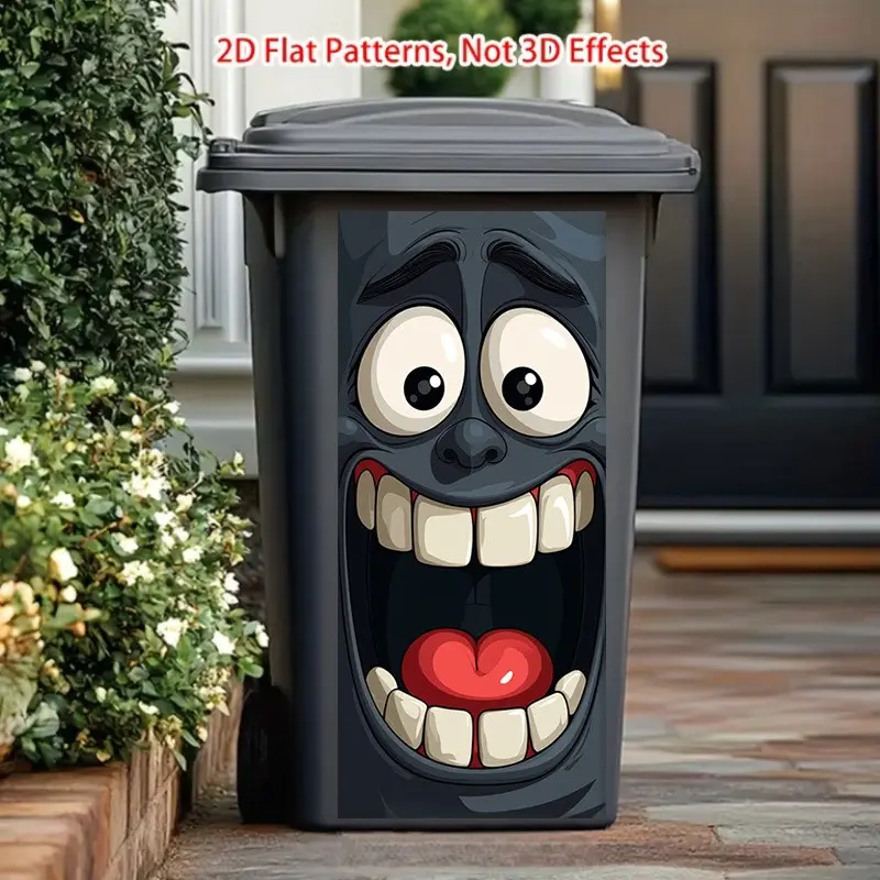 Matte 2D Flat Print Decorative Trash Can Sticker, Funny Wide-Eyed Smiling Face Design, Indoor Outdoor Wall Decor, Modern Home Decoration, Deco Stickers