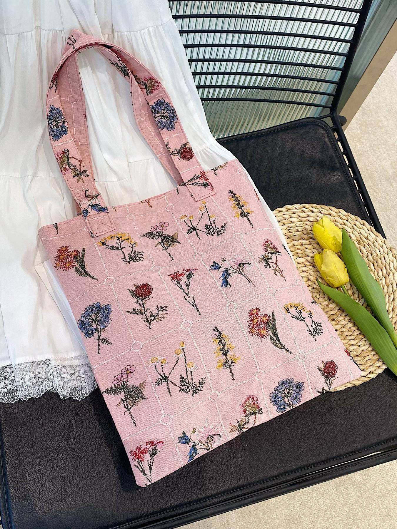 Women's Floral Pattern Embroidered Tote Bag, Fashionable Summer 2024 Large Capacity Shoulder Bag for Teen Girls, Women, Casual Tote Bag