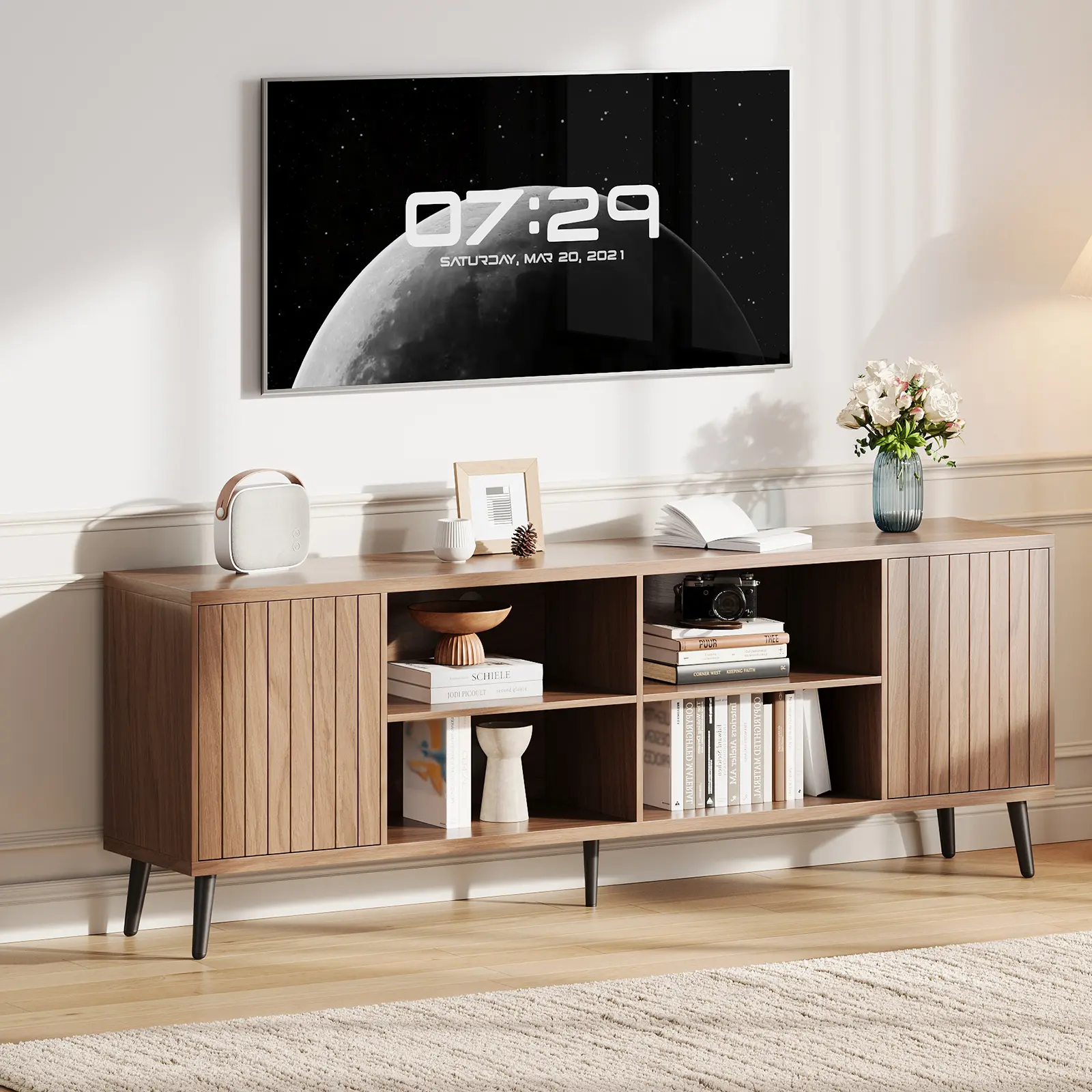 Walnut Fluted TV Stand for 75" TV – Mid-Century Modern Media Console – Adjustable Shelves & Open Storage – Perfect for Living Room Entertainment Center or Family Room, Tv Console Cabinet, Adjustable Shelves Tv Stands & Multimedia Centres
