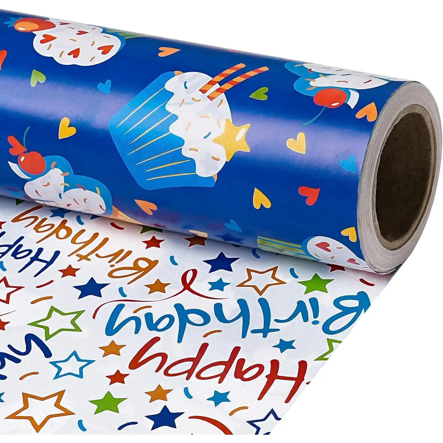 Reversible Birthday Wrapping Paper Roll, Mini Roll, Blue Cupcake Design and Colorful Happy Text with Stars, Colorful Adorable Gift Wrap for Boys Girls Birthday Party, 17 Inches x 16.4 Feet